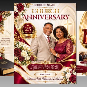Puede incluir: Un folleto de aniversario de iglesia con una pareja, texto dorado que dice Church Anniversary, 25 Years y Pastor's Full Name & First Lady's Name. El diseño incluye rosas rojas y blancas, una cruz dorada y una Biblia con el texto Psalm 150:6.