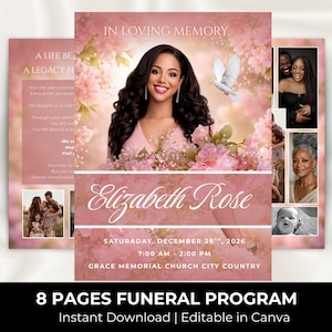 May include: A pink funeral program featuring the text "In Loving Memory" and "Elizabeth Rose." The design includes a portrait of a woman, floral decorations, and family photographs. The bottom text reads "8 Pages Funeral Program, Instant Download | Editable in Canva."