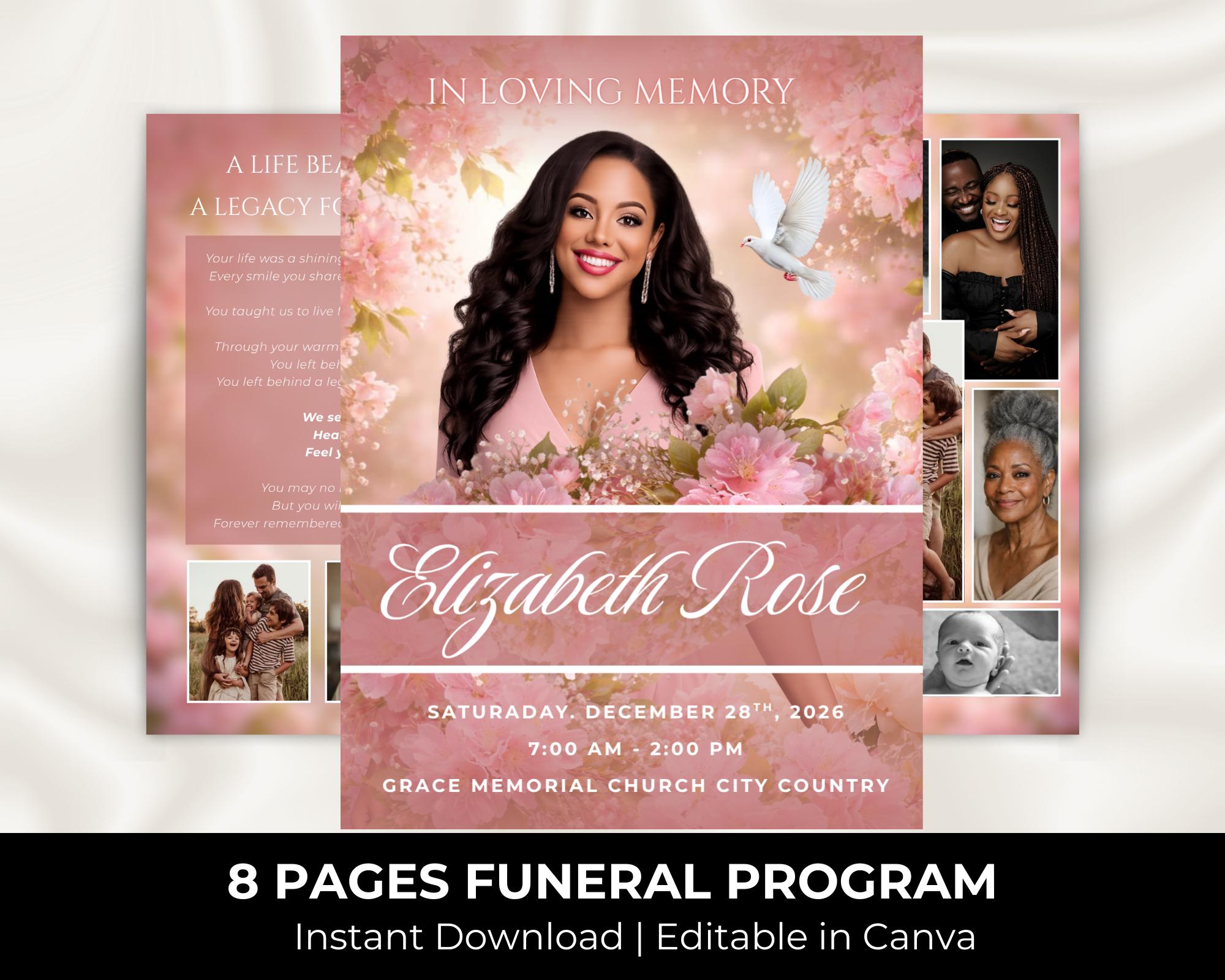Pink Roses Funeral Program Template: 8-page Memorial (canva, Digital ...