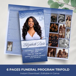 May include: A six-page funeral program trifold featuring a blue and white floral theme. The cover displays a portrait of Elizabeth Rose, the text In Loving Memory, and service details for Saturday, December 28th, 2026, at Grace Memorial Church.