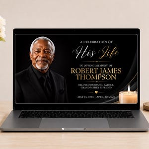 May include: A laptop screen displaying a memorial graphic with a portrait of an older man in a black suit. The text reads: A CELEBRATION OF His Life, IN LOVING MEMORY OF ROBERT JAMES THOMPSON, BELOVED HUSBAND, FATHER, GRANDFATHER & FRIEND, MAY 15, 1945 – APRIL 30, 2026.