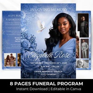 Puede incluir: Un modelo de programa fúnebre con un retrato de mujer, detalles florales y una paloma. El programa incluye el texto "In Loving Memory" y detalles de un servicio conmemorativo, incluyendo el nombre "Elizabeth Rose" y la fecha.