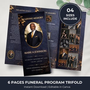 May include: A navy blue funeral program trifold with gold accents. The front panel features a photo of a man in a suit, the text "In Loving Memory" and the name "Mark A Johnson". The program includes the text "6 Pages Funeral Program Trifold".