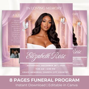 Könnte beinhalten: Ein Trauerprogramm mit einem Porträt einer Frau, dem Text "IN LOVING MEMORY" und dem Namen "Elizabeth Rose". Das Programm enthält Datum, Uhrzeit und Ort der Trauerfeier. Der Text "8 PAGES FUNERAL PROGRAM" ist ebenfalls sichtbar.