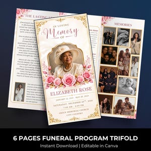 May include: A six-page trifold funeral programme template featuring a cream background with gold ornate borders and pink rose illustrations. The front cover displays a portrait of Elizabeth Rose, her name, dates, and service details in elegant typography.