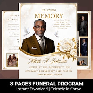 Könnte beinhalten: Trauerprogrammvorlage mit einem Porträt eines Mannes, Tauben und floralen Elementen. Das Design enthält den Text "In Loving Memory" und den Namen "Mark A Johnson" mit Daten und Veranstaltungsdetails. Unten steht "8 Pages Funeral Program".