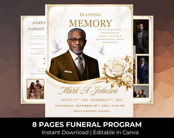 White & Gold Funeral Program Template: 8-Page Memorial (Canva, Digital Download)