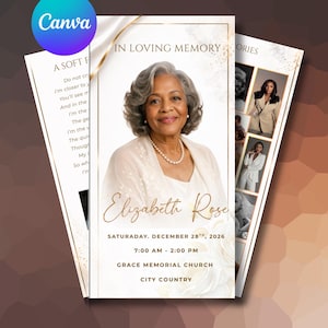 Könnte beinhalten: Gedenkkarte mit einem Porträt von Elizabeth Rose, die ein cremefarbenes Outfit und eine Perlenkette trägt. Die Karte enthält den Text "In Loving Memory" und Details für eine Gedenkfeier, mit floralem Design und goldenen Akzenten.