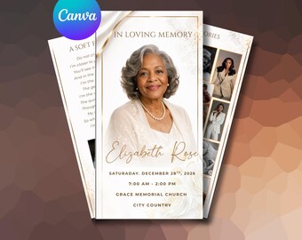 white and gold Trifold Funeral Program Template: 6-Page Memorial (Canva, Digital Download)