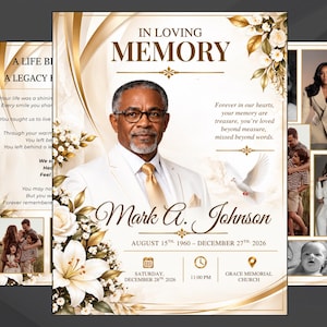 May include: A funeral program template featuring a portrait of a man in a white suit and gold tie. The text reads In Loving Memory, Mark A. Johnson, August 15th 1960 - December 27th 2026, and Grace Memorial Church. Decorated with white lilies and gold accents.