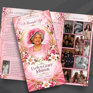 May include: A funeral program template featuring a pink floral theme with a portrait of a woman in a pink hat and pearls. The text reads In Loving Memory, A Beautiful Life, Evelyn Grace Johnson, 1948-2026, and Forever in Our Hearts.