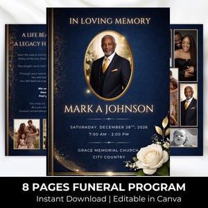 Blue & Gold Funeral Program Template: 8-Page Memorial (Canva, Digital Download)