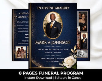 Blue & Gold Funeral Program Template: 8-Page Memorial (Canva, Digital Download)