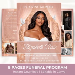 Könnte beinhalten: Ein Trauerprogramm mit einem Porträt einer Frau, dem Text "IN LOVING MEMORY" und dem Namen "Elizabeth Rose". Das Programm enthält Veranstaltungsdetails und den Satz "8 PAGES FUNERAL PROGRAM". Das Design hat ein weiches Rosa-Weiß-Farbschema.