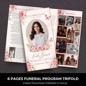 May include: A six-page funeral program trifold featuring a soft pink floral design. The front cover displays a central oval portrait of a person, the text Celebrating the Life of Keisha Bennett, and dates. The interior panels include photo collages.