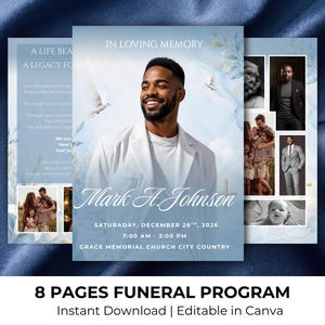 May include: A funeral program with a portrait of a smiling Black man in a white jacket. The program is light blue with text that reads "In Loving Memory" and "Mark A. Johnson". Additional photos and text are included. The bottom text reads "8 Pages Funeral Program".