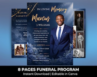 Blue Roses Funeral Program Template, 8-Page Bi-Fold Obituary Celebration (Digital Download)