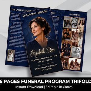 May include: A trifold funeral program template featuring a dark blue background with gold text. The front displays a portrait of a woman, the name Elizabeth Rose, and event details. The interior panels include sections for memories, text, and multiple photo frames.