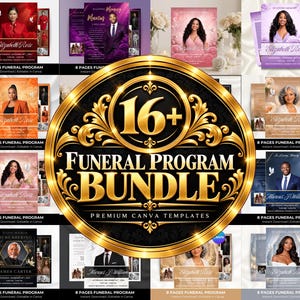 May include: A digital collection of 16+ funeral program templates featuring various color schemes, including red, purple, pink, orange, blue, and gold. Each template displays a portrait, memorial text, and the title 8 Pages Funeral Program.