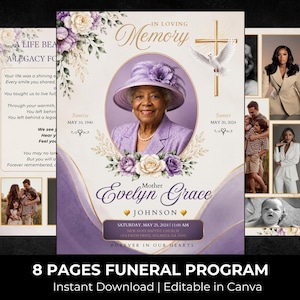 May include: An eight-page funeral program template featuring a portrait of a woman in a purple hat and suit, decorated with purple and cream flowers, a gold cross, and a white dove. The text includes In Loving Memory, Evelyn Grace Johnson, and dates.