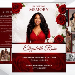 Puede incluir: Una plantilla de programa funerario con el retrato de una persona con vestido rojo, rodeado de rosas rojas y paniculata blanca. El texto dice In Loving Memory, Elizabeth Rose, sábado 28 de diciembre de 2026, y Grace Memorial Church.