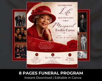 May include: An 8-page funeral program template featuring a deep red and cream color scheme. The cover displays a portrait of an older woman in a red hat, the text Celebrating the Life of a Beautiful Soul, Margaret Evelyn Carter, and dates.