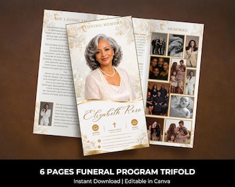white and gold Trifold Funeral Program Template: 6-Page Memorial (Canva, Digital Download)
