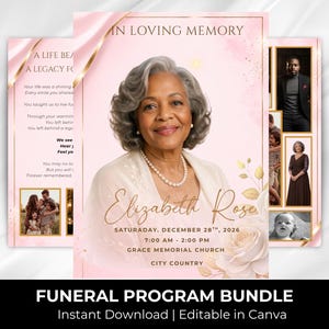 Könnte beinhalten: Ein Trauerprogramm-Set mit weichem rosa Hintergrund und goldenen Akzenten, einem Porträt einer älteren Person und dem Text IN LOVING MEMORY, Elizabeth Rose, SATURDAY, DECEMBER 28TH, 2026, 7:00 AM - 2:00 PM, GRACE MEMORIAL CHURCH, CITY COUNTRY.