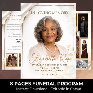 Puede incluir: Un programa fúnebre con un retrato de Elizabeth Rose y detalles del evento. El diseño incluye detalles dorados, elementos florales y fotos familiares. El texto dice "In Loving Memory".