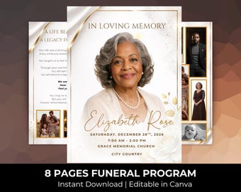 White & Gold Funeral Program Template: 8-Page Memorial (Canva, Digital Download)
