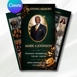 Puede incluir: Una tarjeta conmemorativa con fondo verde oscuro y detalles dorados. La tarjeta presenta un retrato de un hombre en un marco dorado, el texto "IN LOVING MEMORY" y "MARK A JOHNSON". También se incluyen fotos y texto adicionales.
