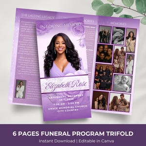 Könnte beinhalten: Ein violetter dreifach gefalteter Trauerprogramm-Flyer mit dem Porträt einer Frau, Blumengrafiken und dem Text In Loving Memory, Elizabeth Rose, Saturday, December 26th, 2026, 7:00 AM - 2:00 PM, Grace Memorial Church, City Country, The Lasting Legacy, Memories.