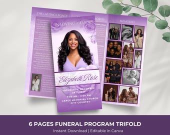 purple roses Trifold Funeral Program Template: 6-Page Memorial (Canva, Digital Download)