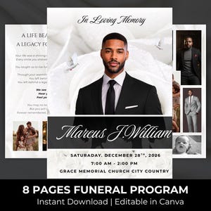 May include: Funeral program template with a portrait of a man in a black suit, the text "In Loving Memory", and the name "Marcus J. William". The program includes event details and the text "8 PAGES FUNERAL PROGRAM".