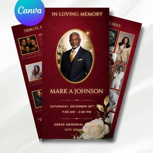 May include: A burgundy memorial program with gold accents. The front features a portrait of a man in a suit, the text "IN LOVING MEMORY" and the name "MARK A JOHNSON". Additional photos and text are included.