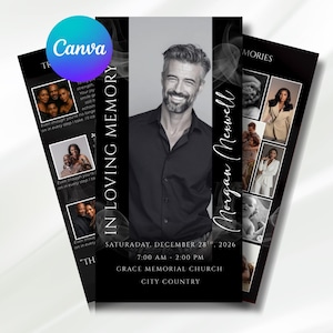 May include: A black and white memorial card featuring a portrait of a man. The card reads "IN LOVING MEMORY" and "Morgan Merwell". It also includes additional photos and text, along with the date and time of the memorial service.