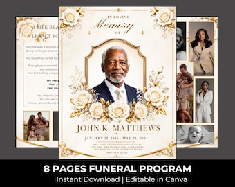 White & Gold Funeral Program Template: 8-Page Memorial (Canva, Digital Download)