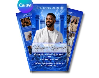 blue roses Trifold Funeral Program Template: 6-Page Memorial (Canva, Digital Download)