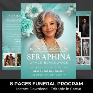 Könnte beinhalten: Eine 8-seitige Trauerprogramm-Vorlage mit einem türkisfarbenen und weißen Blumenmuster. Das Deckblatt zeigt das Porträt einer Person mit grauem Haar, den Text IN LOVING MEMORY OF SERAPHINA GRACE BLACKWOOD und Details zum 28. Juli 2026.