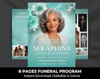 Green Roses Funeral Program Template: 8-Page Memorial (Canva, Digital Download)