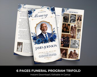blue roses Trifold Funeral Program Template: 6-Page Memorial (Canva, Digital Download)