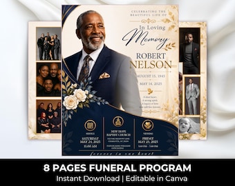 Blue & Gold Funeral Program Template: 8-Page Memorial (Canva, Digital Download)