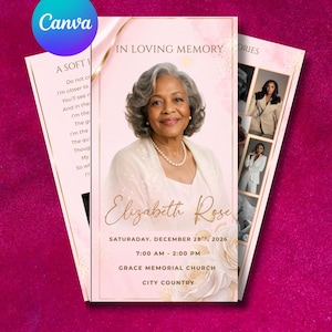 May include: A funeral program template featuring a portrait of an older person with gray hair wearing a white top and pearl necklace. The text reads In Loving Memory, Elizabeth Rose, Saturday, December 28th, 2026, 7:00 AM - 2:00 PM, Grace Memorial Church, City Country, and A Soft Breath.