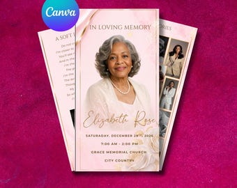 pink and gold Trifold Funeral Program Template: 6-Page Memorial (Canva, Digital Download)