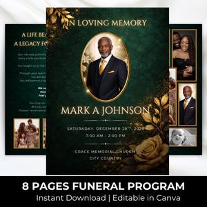 Könnte beinhalten: Ein Trauerprogramm mit dunkelgrünem Hintergrund und goldenen Akzenten. Das Programm zeigt ein Porträt eines Mannes im Anzug, den Text "In Loving Memory" und den Namen "Mark A Johnson". Zusätzliche Fotos und Text sind enthalten.