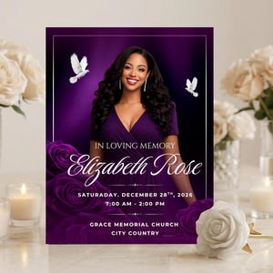 May include: A memorial card with a portrait of a woman in a purple dress, with the text "IN LOVING MEMORY Elizabeth Rose". The card includes the date, time, and location of the memorial service. White doves and roses are also featured.