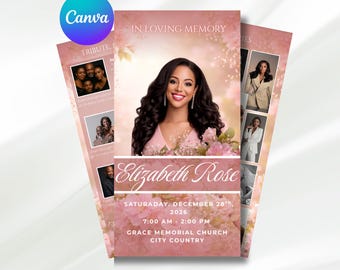 pink roses Trifold Funeral Program Template: 6-Page Memorial (Canva, Digital Download)
