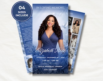 blue roses Trifold Funeral Program Template: 6-Page Memorial (Canva, Digital Download)
