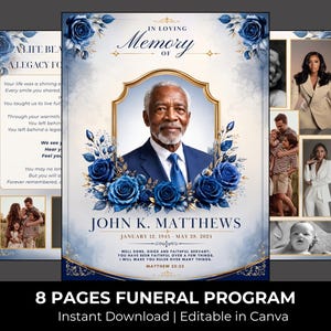 Puede incluir: Un programa funerario de 8 páginas con el retrato de un hombre mayor en traje azul, enmarcado por rosas azul oscuro y detalles dorados. El texto dice In Loving Memory of John K. Matthews, 12 de enero de 1945 - 28 de mayo de 2024, y Matthew 25:23.
