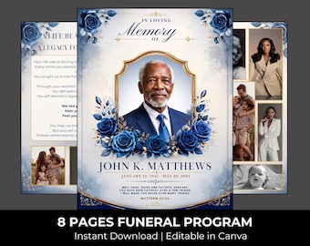 Blue Roses Funeral Program Template, 8-Page Bi-Fold Obituary Celebration (Digital Download)
